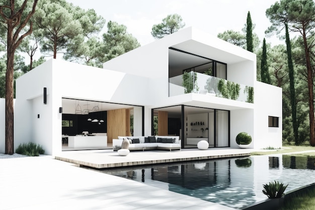 Foto casa branca moderna com uma luxuosa piscina no jardim da frente generative ai