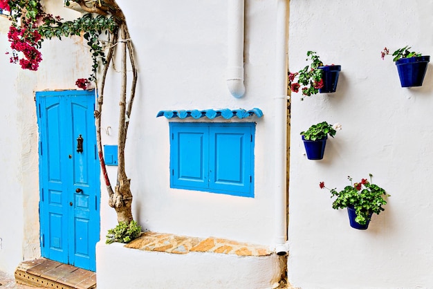 Casa branca típica com porta azul na bela cidade de Mojacar Almera, Andaluzia