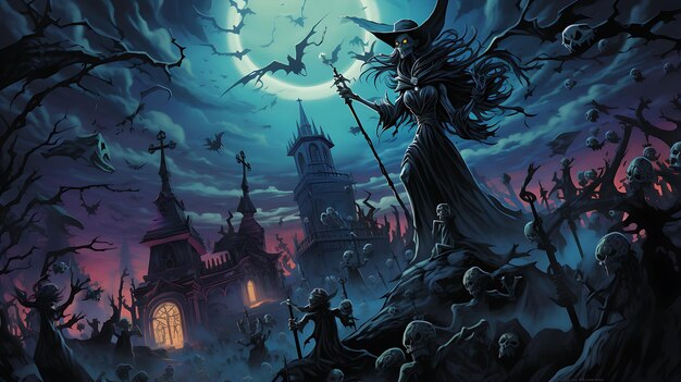Foto la casa de la bruja es una pintura de esqueleto enorme y shedemon levantar los espíritus de los muertos en la tumba