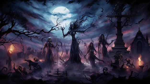 La casa de la bruja es una pintura de esqueleto enorme y SheDemon levantar los espíritus de los muertos en la tumba
