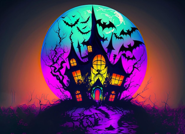 Casa de brujas de Halloween con colorida noche de truenos