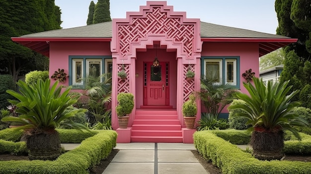 Una casa de bungalows rosa con una puerta roja rodeada de árboles.