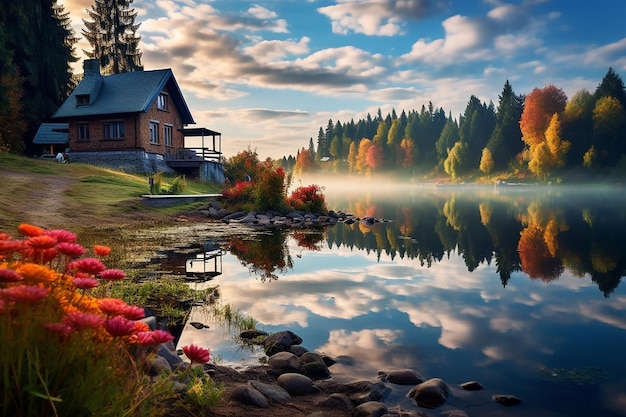 Casa de cabaña cerca de la orilla del lago paisaje de fantasía ilustración papel tapiz