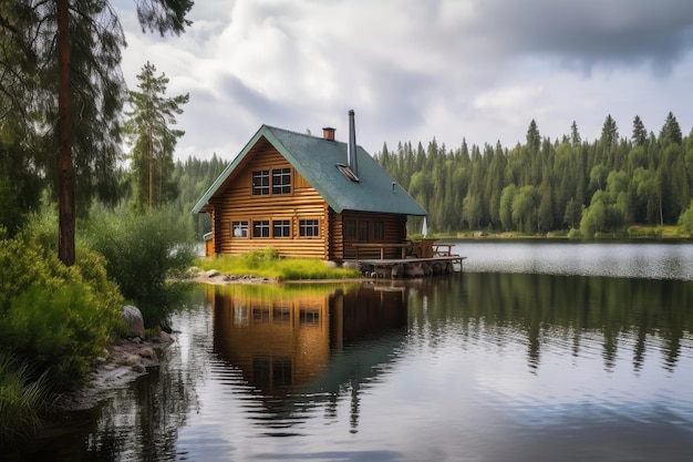 Casa de cabaña de troncos rodeada por un lago tranquilo con vista al agua
