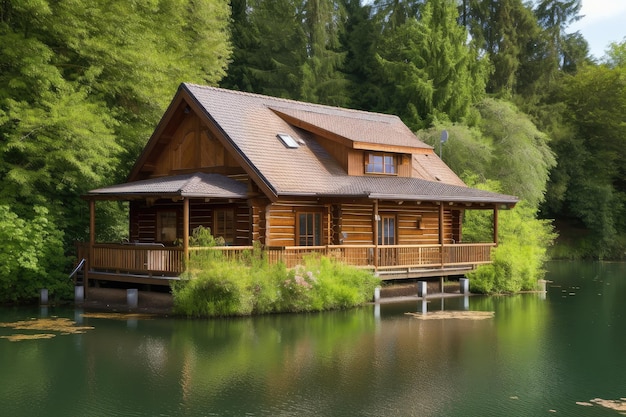 Casa de cabaña de troncos rodeada por un lago tranquilo con vista al agua