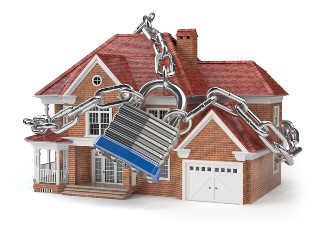 Casa con cadena y candado Concepto de seguridad para el hogar Ilustración 3d