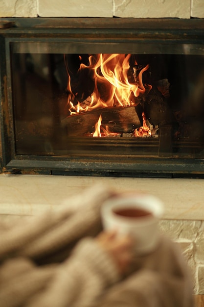 Casa de calefacción con estufa de leña Chimenea ardiente cerca hygge de otoño