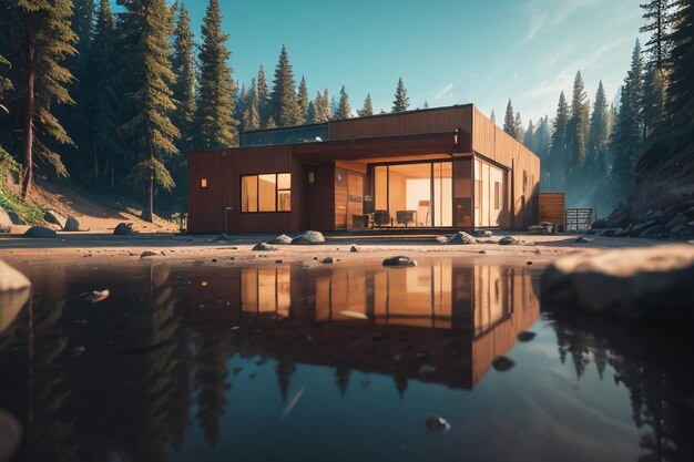 Casa cálida en una cabaña de troncos de diseño de villa moderna junto al fondo de diseño de la casa del río del bosque