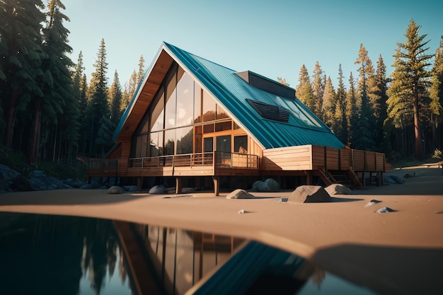 Casa cálida en una cabaña de troncos de diseño de villa moderna junto al fondo de diseño de la casa del río del bosque