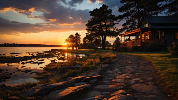 Casa de campo al atardecer en un gran paisaje.