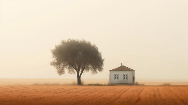 Una casa en un campo con un árbol en primer plano