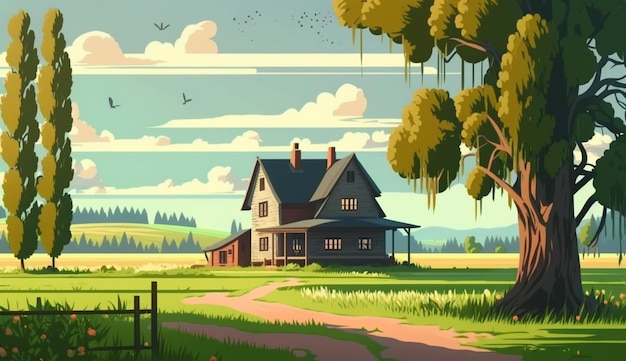 Una casa en un campo con un árbol y una valla.