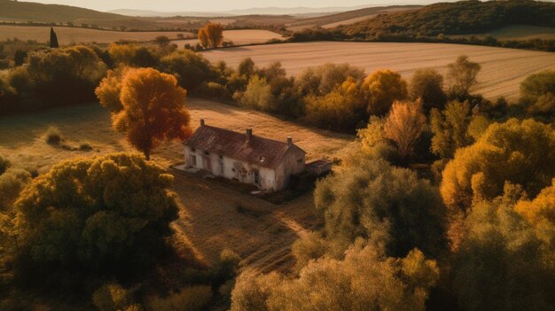 Una casa en un campo con árboles y la puesta de sol.