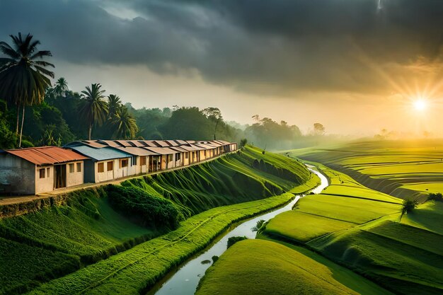 una casa en un campo de arroz por la mañana