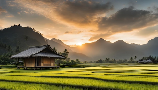 una casa en un campo de arroz con montañas en el fondo