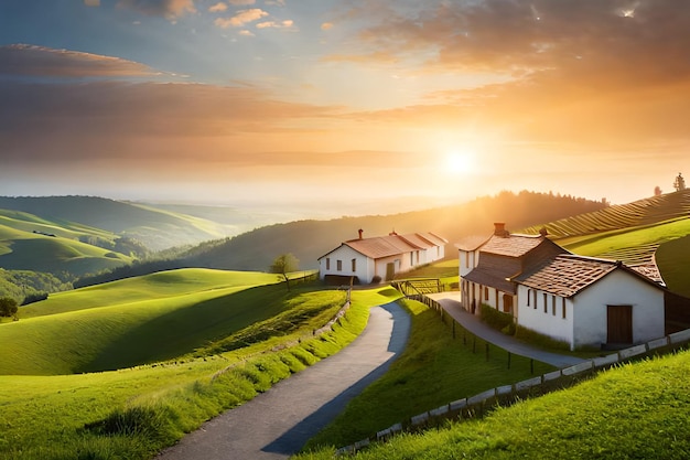 Una casa en un campo con un atardecer de fondo