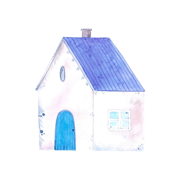 Casa de campo azul acuarela dibujada a mano aislada en blanco se puede utilizar para etiquetas de invitaciones de patrones de tarjetas