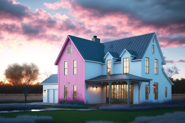 Casa de campo azul rosa brillante con exterior de casa contemporánea contra el fondo de la puesta de sol