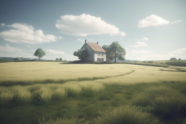 Una casa en un campo con cielo azul y nubes.