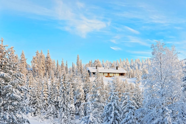 Casa de campo en una colina sobre el bosque cubierto de nieve en Ruka en Finlandia en el círculo polar ártico en invierno