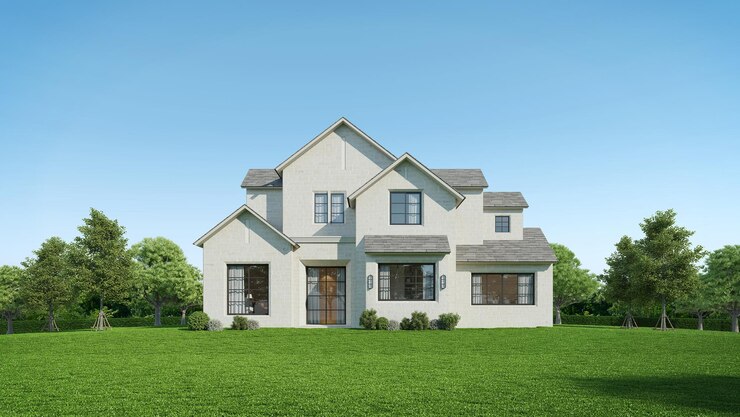 Casa de campo exterior de luz diurna con césped de césped3d renderización