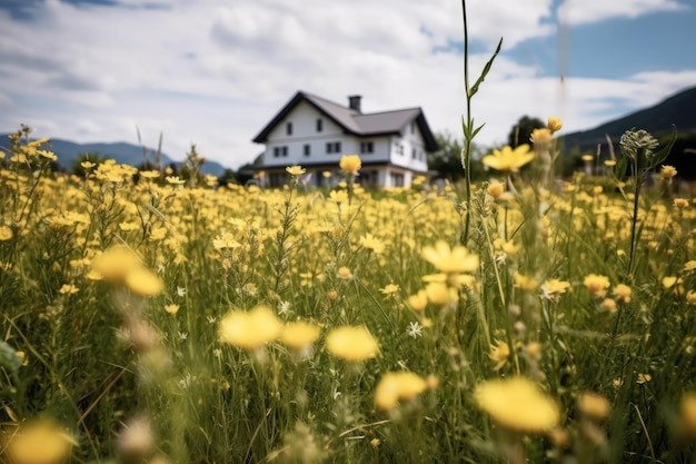 Una casa en un campo de flores amarillas.