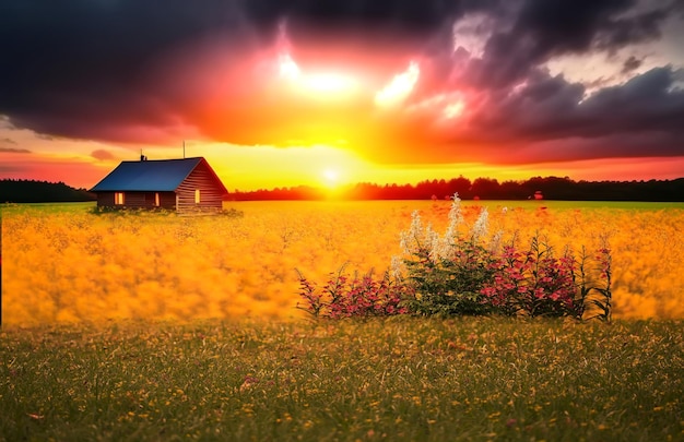 Una casa en un campo de flores con un atardecer de fondo