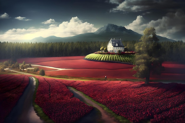 Una casa en un campo de flores con una montaña al fondo