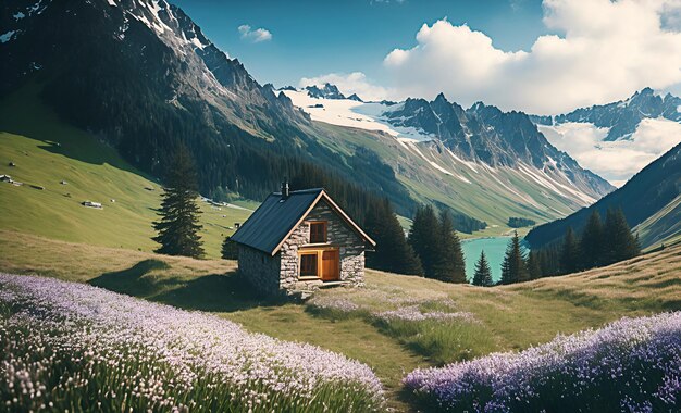 Una casa en un campo de flores con montañas al fondo