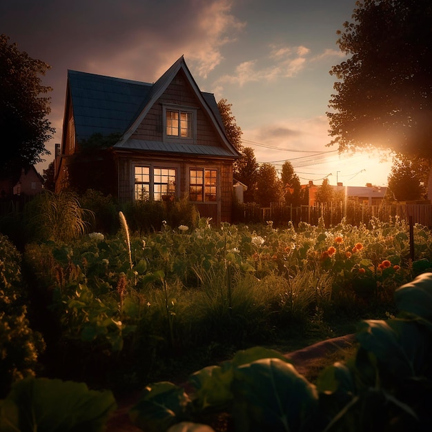 Una casa en un campo de flores con el sol brillando a través de las ventanas.