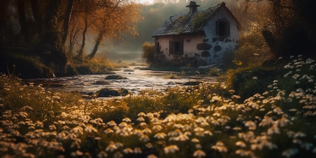 Una casa en un campo de flores.