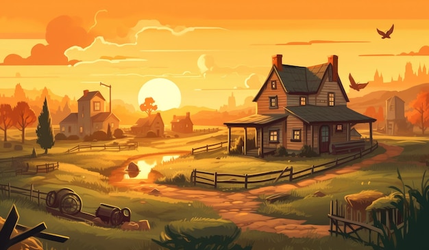 Casa de campo en la ilustración del paisaje de la granja de la luz del sol