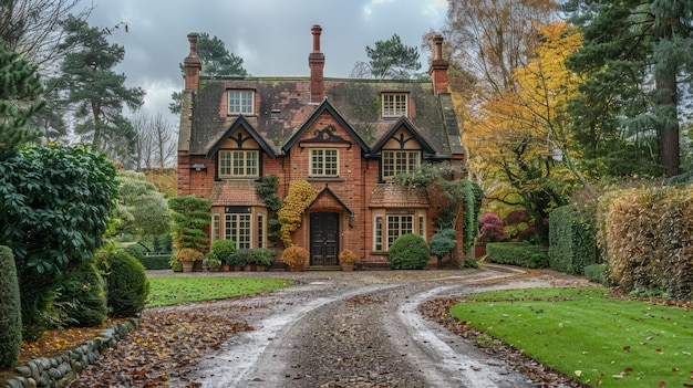 Una casa de campo inglesa rodeada de árboles de otoño