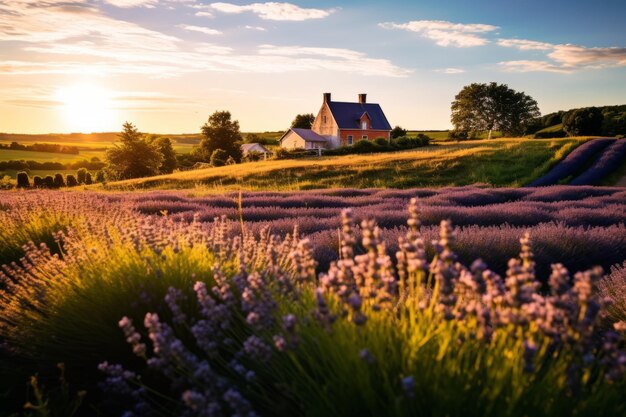 Una casa en un campo de lavanda