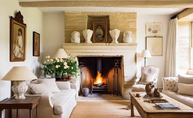 Casa de campo de lujo sala de estar con chimenea país inglés minimalista pero tradicional