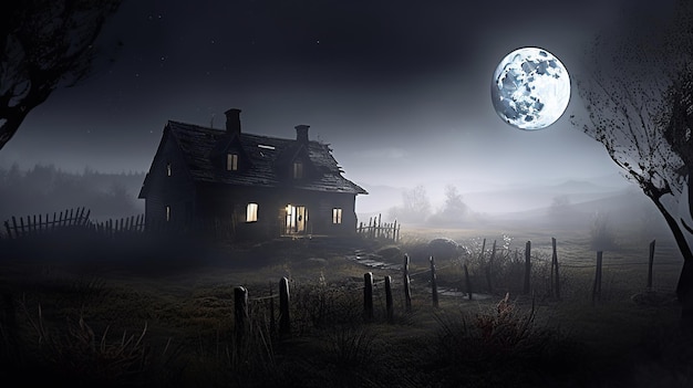 Una casa en un campo con luna llena al fondo