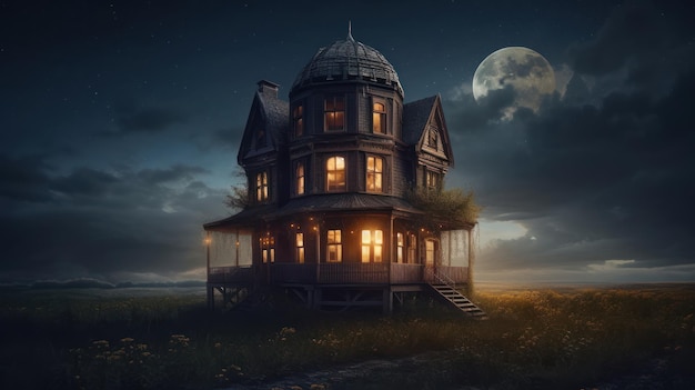 Una casa en un campo con luna llena al fondo