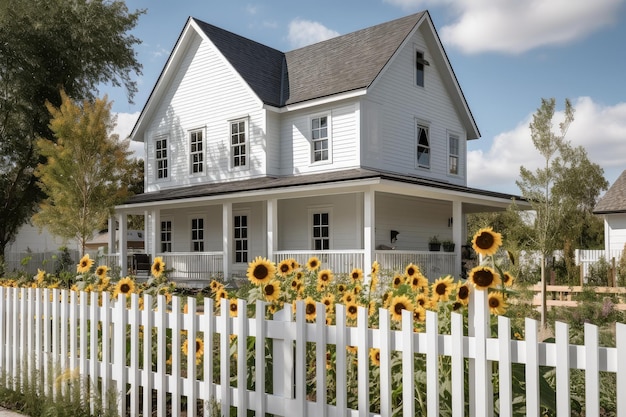 Casa de campo moderna exterior con girasoles y valla de estacas