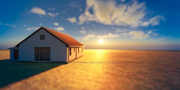 Una casa en un campo con una puesta de sol detrás