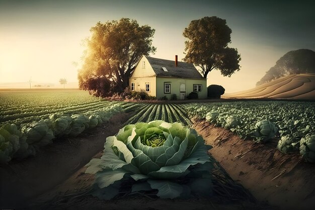 Foto una casa en un campo con un repollo grande delante