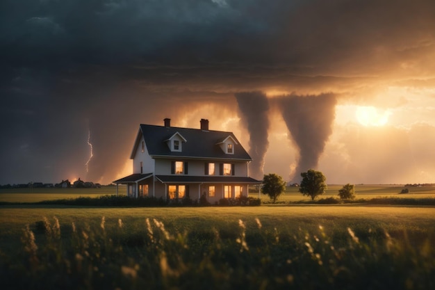 Una casa en un campo con un tornado ai generativo