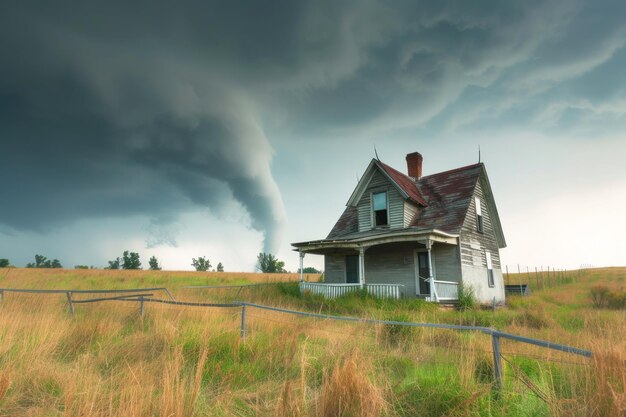 Foto una casa en un campo con un tornado