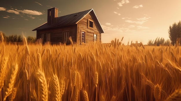 Una casa en un campo de trigo