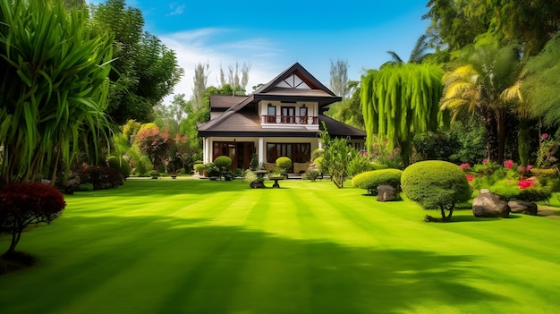 Una casa en un campo verde con césped delante.