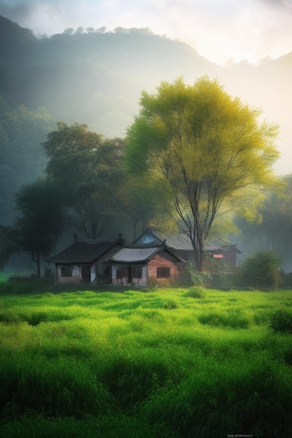 Una casa en un campo de verde