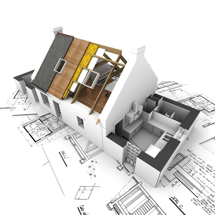 Foto casa con capas de techo expuestas sobre planos de arquitecto.