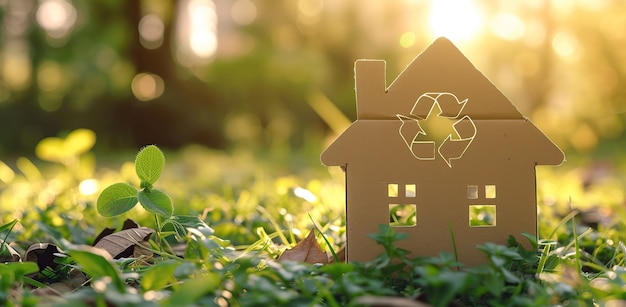 Casa de cartón con símbolo de reciclaje el concepto de ecología