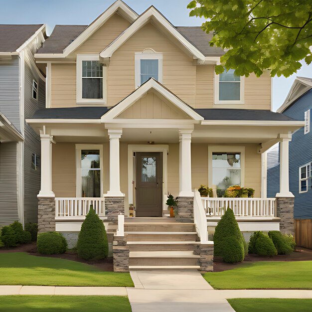 Foto una casa con una casa azul con una barandilla blanca