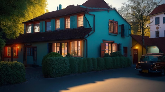 Una casa con una casa azul por la noche.