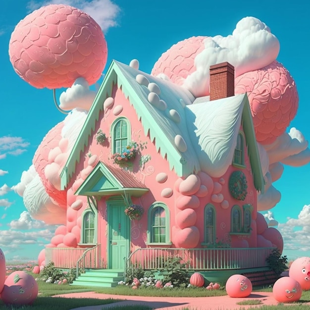 Una casa con una casa rosa en la parte superior.